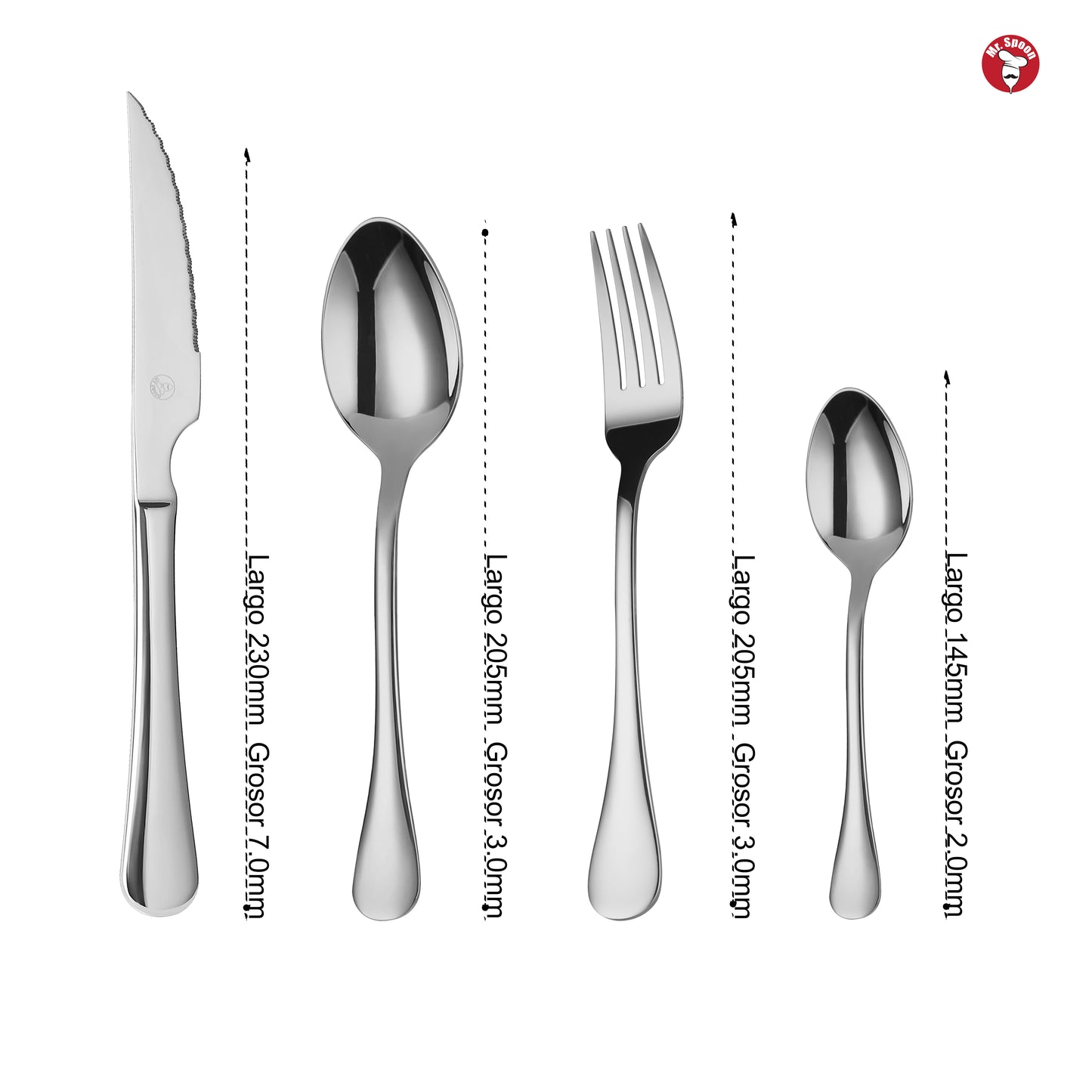 Mr.Spoon Serie Liso Juego de 24 piezas cubiertos,Acero Inoxidable 18/0,Económico y funcional,Incluye cuchillo de carne o mesa,tenedor,cuchara,cucharilla,Mango monobloque,Apto para lavavajillas,Embalaje para regalo,Ideal para casa,hotel,restaurante